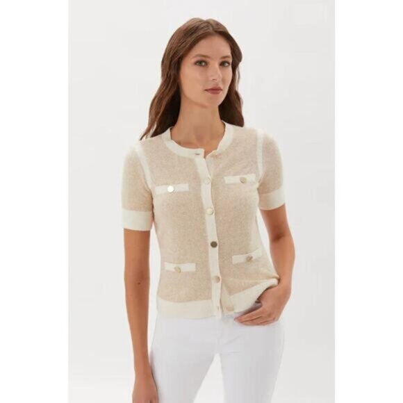 Ecru Sweaters - NEW Ecru Button Front Knit Short Sleeves Sweater Cream White Size: XS